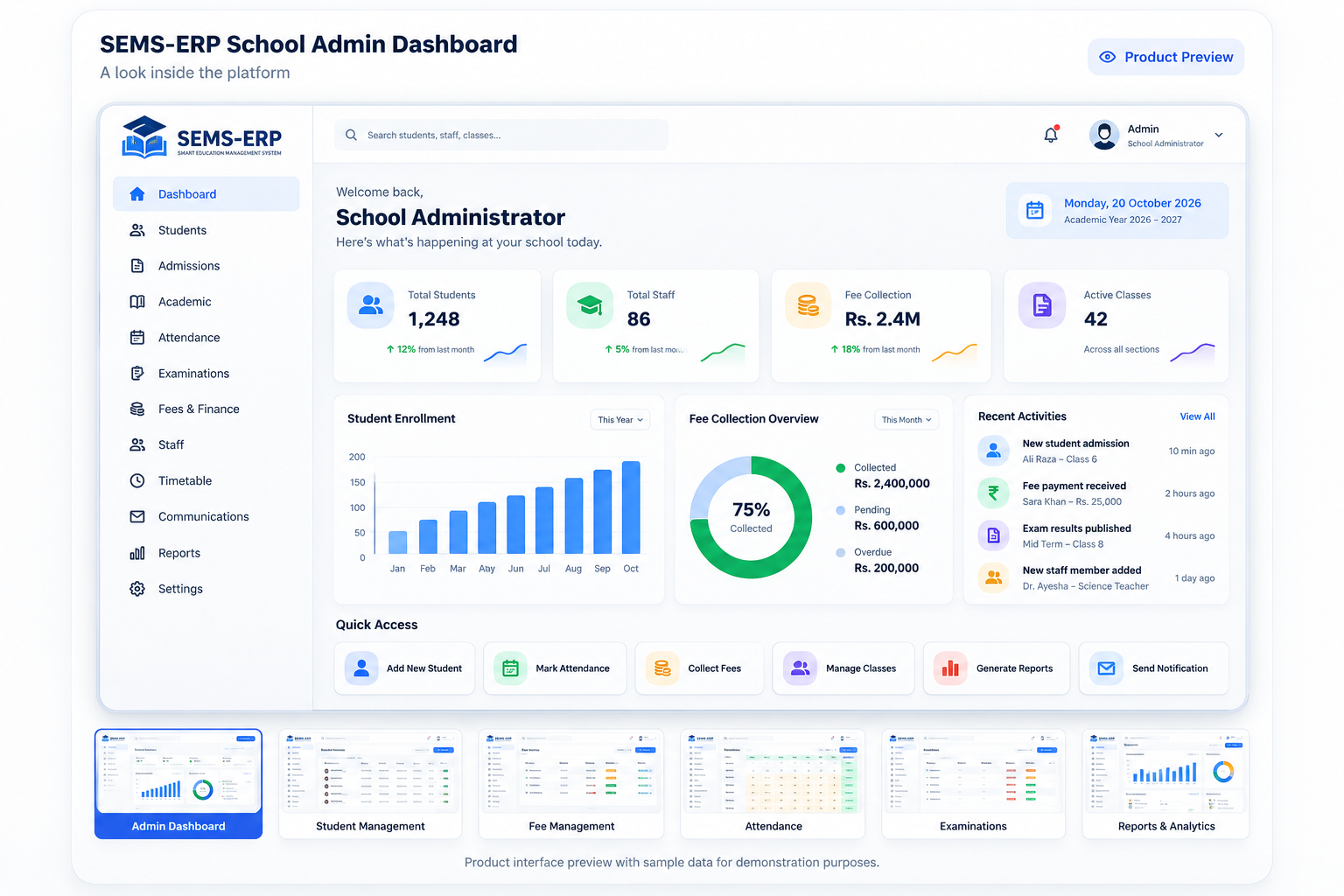 Illustrative SEMS-ERP dashboard concept with sample data